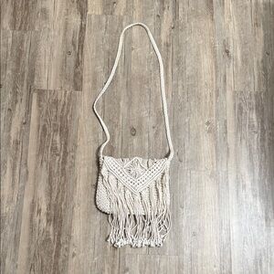 Cream Macrame Fringe Crossbody Bag